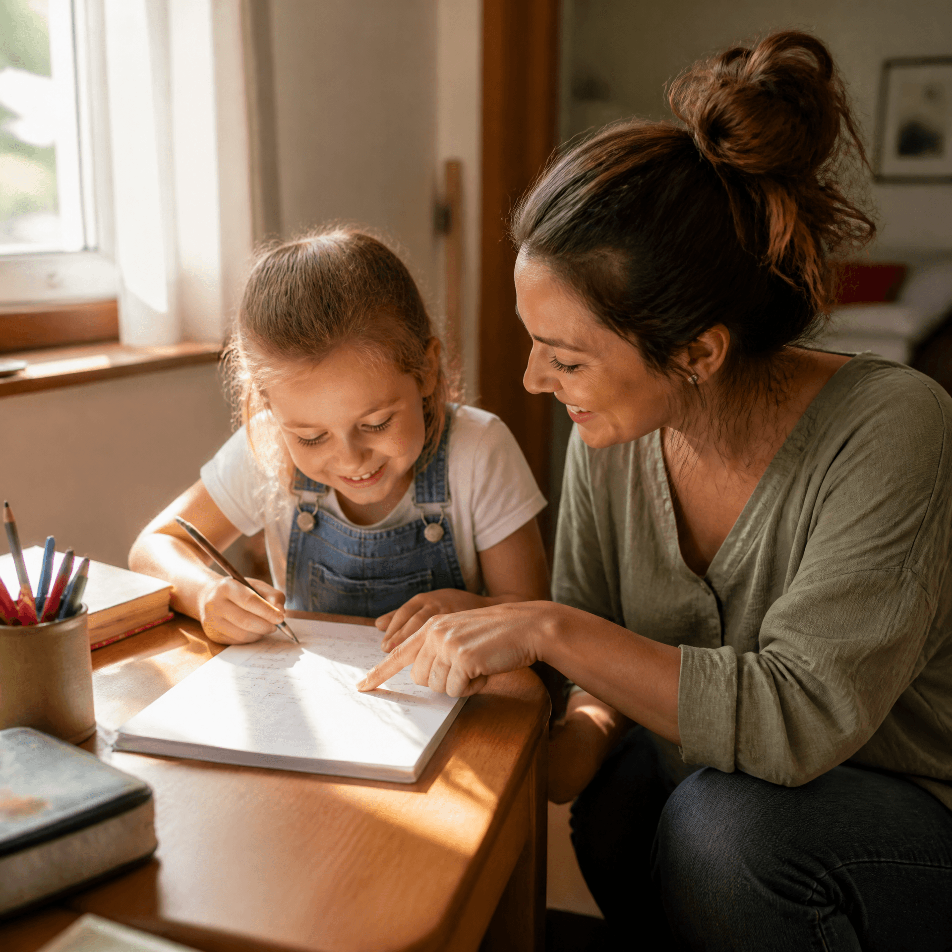 A parent and child working through one page together